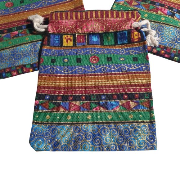 Bohemian Style Drawstring Gift Bags Woven Multicolor Set Of 4 Handmade Fabric Ba - Picture 2 of 5